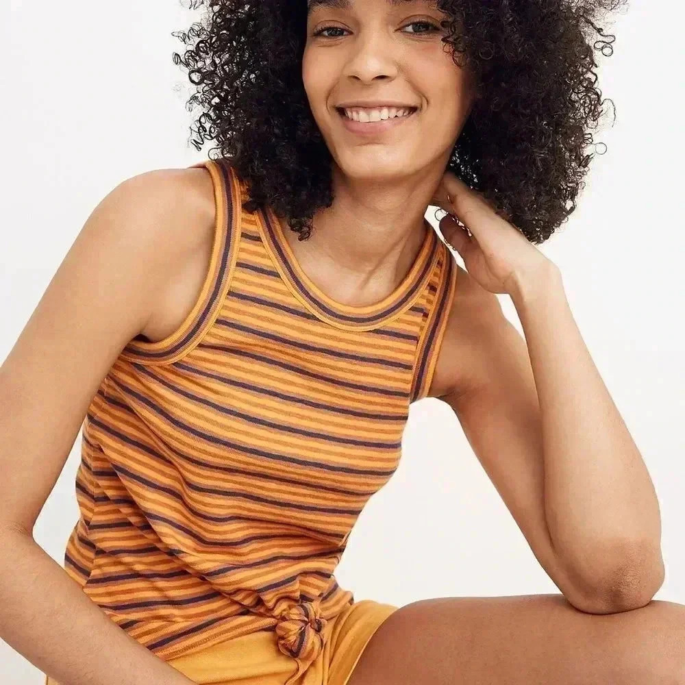 Madewell XS Audio Knot-Front Tank Top Striped Rust Navy Blue Yellow Gold L8971